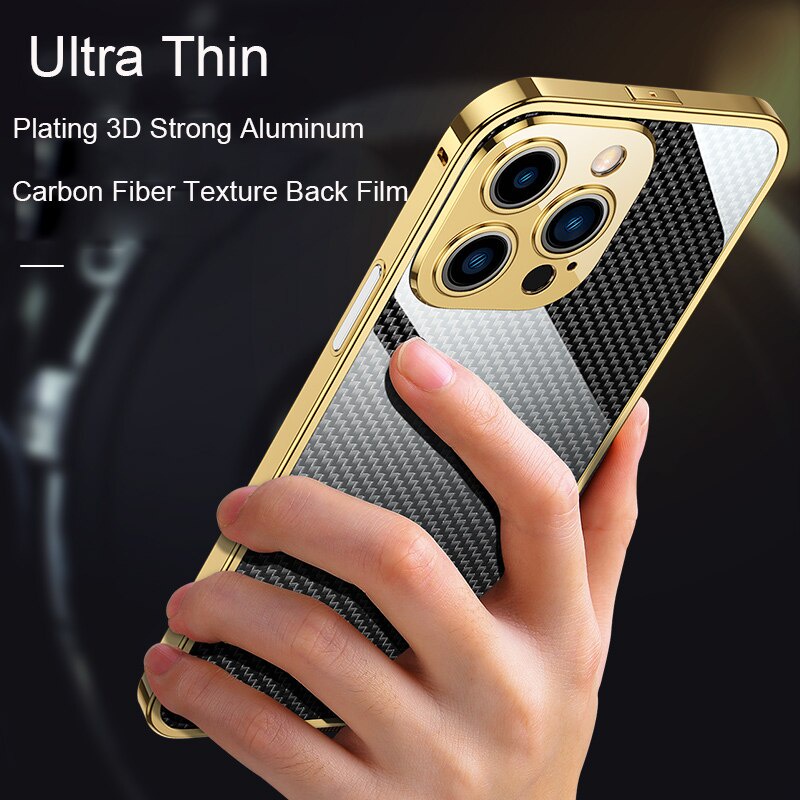 Ốp Lưng Kim Loại Phim Sợi Carbon Cho iPhone 13 Pro MAX 12 Pro Mini 11 Mạ Ốp Lưng Nhôm Khung 11 Pro MAX Bảo Vệ Camera Vỏ Điện Thoại Cho iPhone 12