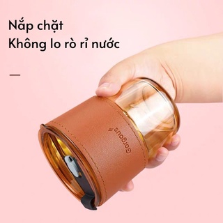 Cốc thuỷ tinh màu hổ phách vỏ da có nắp tặng kèm ống hút, ly uống nước đẹp sang chảnh { H }