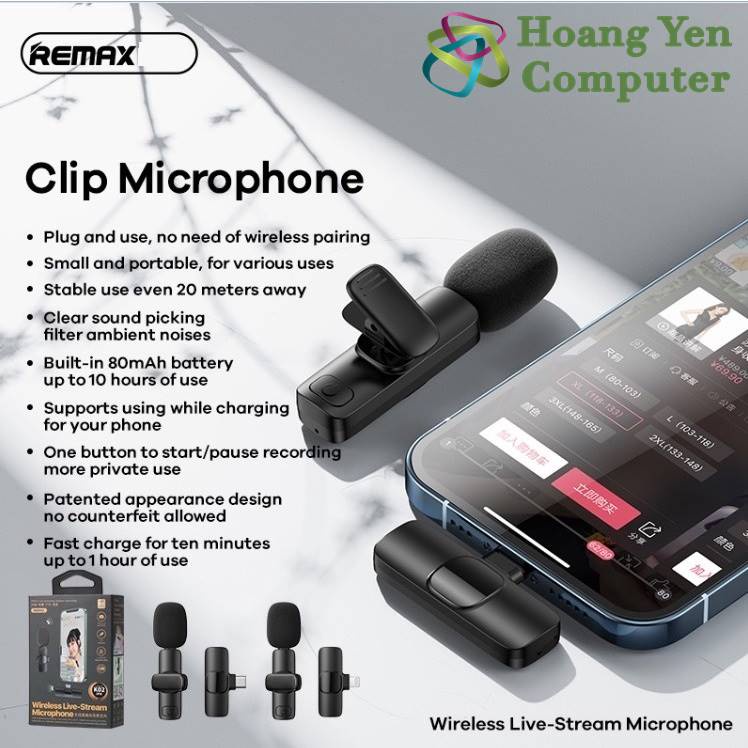 Micro LiveStream Không Dây Remax K02 ( 1 Micro, 1 Kết Nối Cổng Type C hoặc Lightnig) - Bh 12 Tháng - Hoangyencomputer