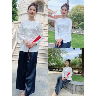 set bà ba gấm quần trắng, đồ bộ bà ba, thời trang nữ truyền thống lễ chùa