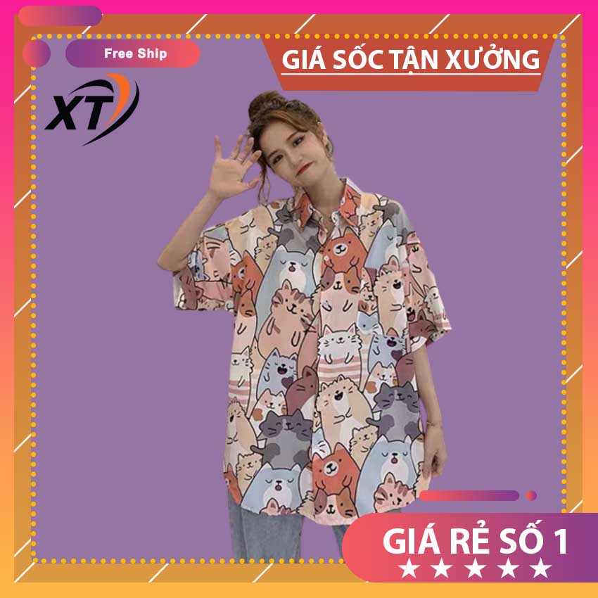 Áo sơ mi, áo sơ mi nam nữ unisex in hình mèo cute, chất vải poly mềm mát trẻ trung, cá tính QC5