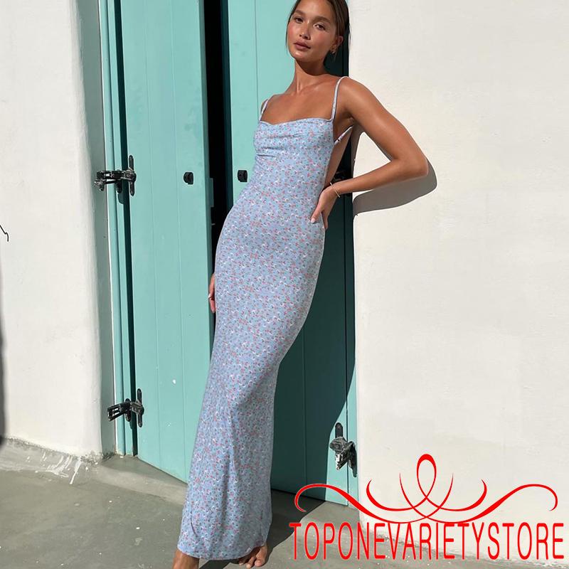 Topq-áo Spaghetti dành cho nữ không tay hở lưng Slim Fit Váy dài in hoa