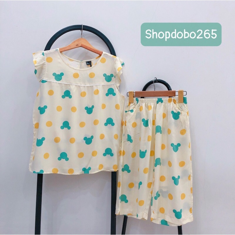 Đồ bộ lanh lửng mặc nhà tay cánh tiên phối viền chất mềm,mịn,mát hoạ tiết dễ thương size 45-65kg.