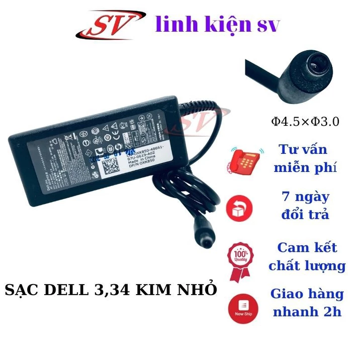 [SẠC ZIN] Sạc laptop dell 3,34 kim nhỏ 65W kích thước chân sạc Φ4.5×Φ3.0 savintech, sạc máy tính dell zin cao cấp