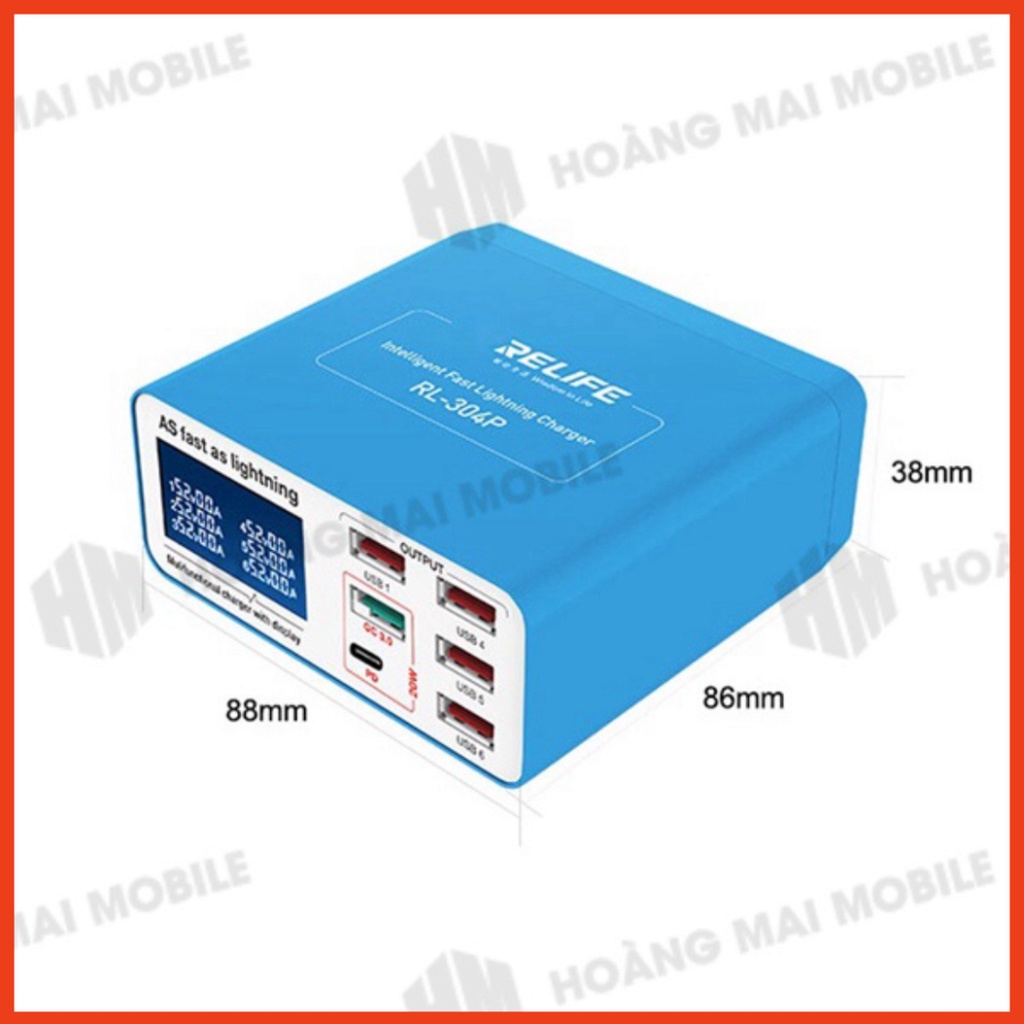 Bộ sạc nhanh 40W RELIFE RL-304P, 6 cổng USB-A + QC3.0 + Type-C/PD
