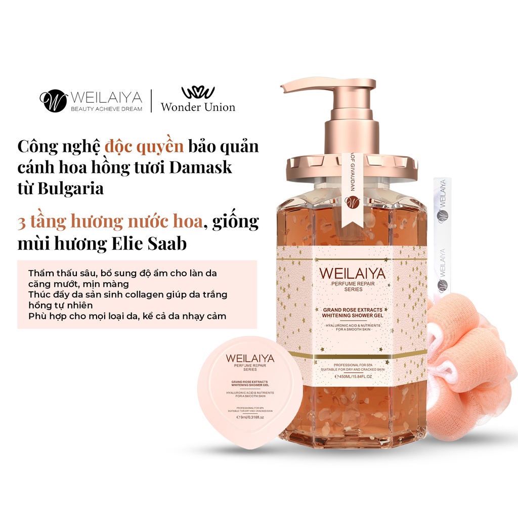 Ảnh Combo 2 chai Sữa tắm trắng da cánh hoa hồng Damask Weilaiya Grand Rose Extracts Whitening Shower Gel 450ml 4