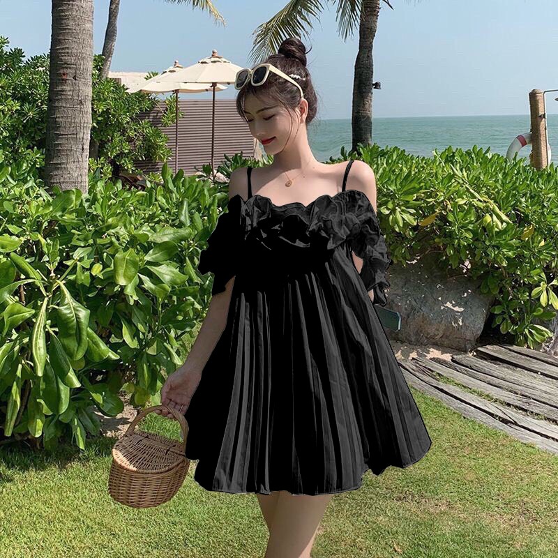 SUV005 Váy 2 dây viền bèo dáng xòe xếp ly Đầm nữ trắn đen 2s đi chơi tiệc sexy babydoll cute tiểu thư bánh bèo công chúa