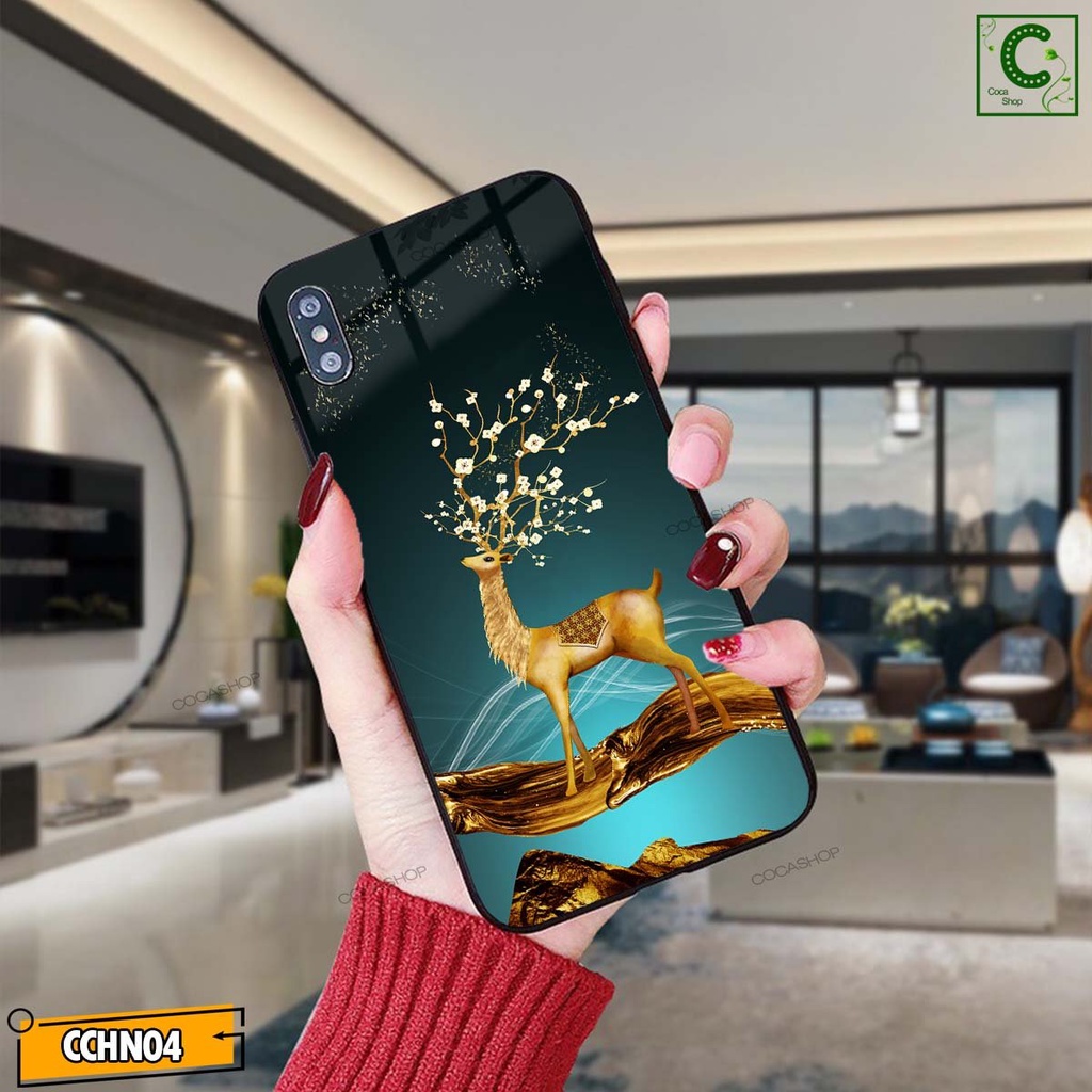 Ốp lưng iphone mặt kính cao cấp - Hươu vàng lộc lá cùng hoa - 6/6plus/6s/6splus/7/7plus/8/8plus/x/.....