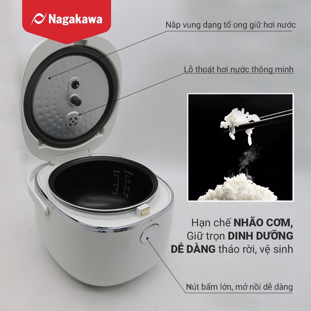 Mô tả Nồi cơm điện cảm ứng Nagakawa NAG0136 (1.2L - 500W) - Tích hợp 11 chương trình nấu - Bảo hành 12 tháng - Trắng Đen - 3