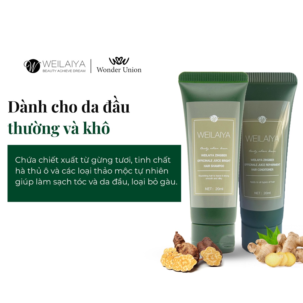 Mô tả Cặp dầu gội đầu và dầu xả tóc thảo dược Weilaiya gừng hà thủ ô giúp dưỡng, đen và kích thích mọc tóc size du lịch 20ml - 2