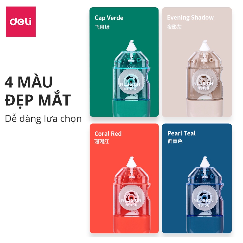 Bút Xóa Băng Kéo 6M 12M Dạng Film Cao Cấp Deli - Tiết Diện Xóa 5mm - Kéo Băng Mượt Che Phủ Tốt, Có Thể Viết Đè Lên