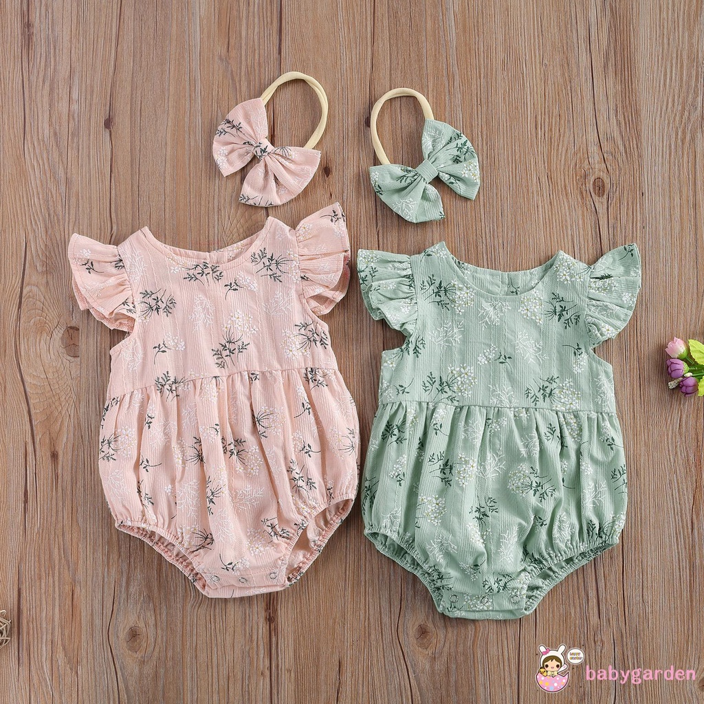 Romper tay xòe cổ tròn in họa tiết hoa kèm băng đô thời trang xinh xắn cho bé gái
