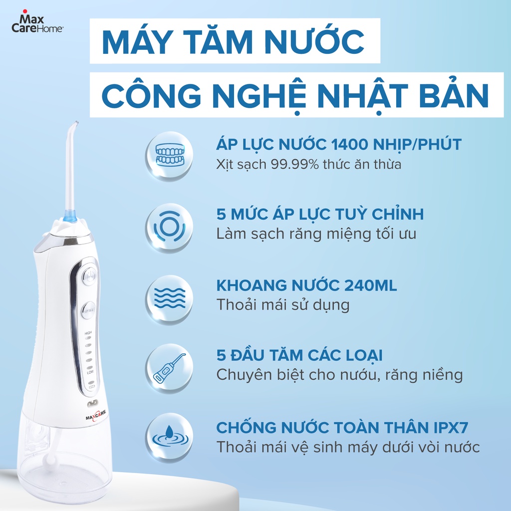 Ảnh Máy tăm nước cầm tay Maxcare Max456SE chính hãng Nhật Bản, 5 chế độ, Áp lực tia nước 1400 lần 1 phút sạch mảng bám 2