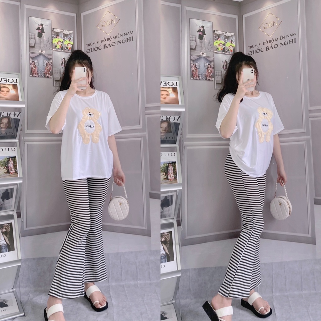 Đồ Bộ Nữ Quần Ống Loe Bigsize ESHOP DB35 – Set Bộ Thun Gân Cotton Co Giãn, Quần Cạp Cao Hack Dáng