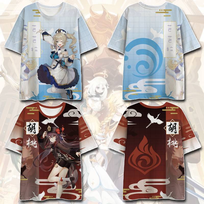 Anime Áo Thun Genshin Impact Unisex Tay Ngắn Top Keqing Ganyu Hutao Áo Sơ Mi Rời Plus Kích Thước