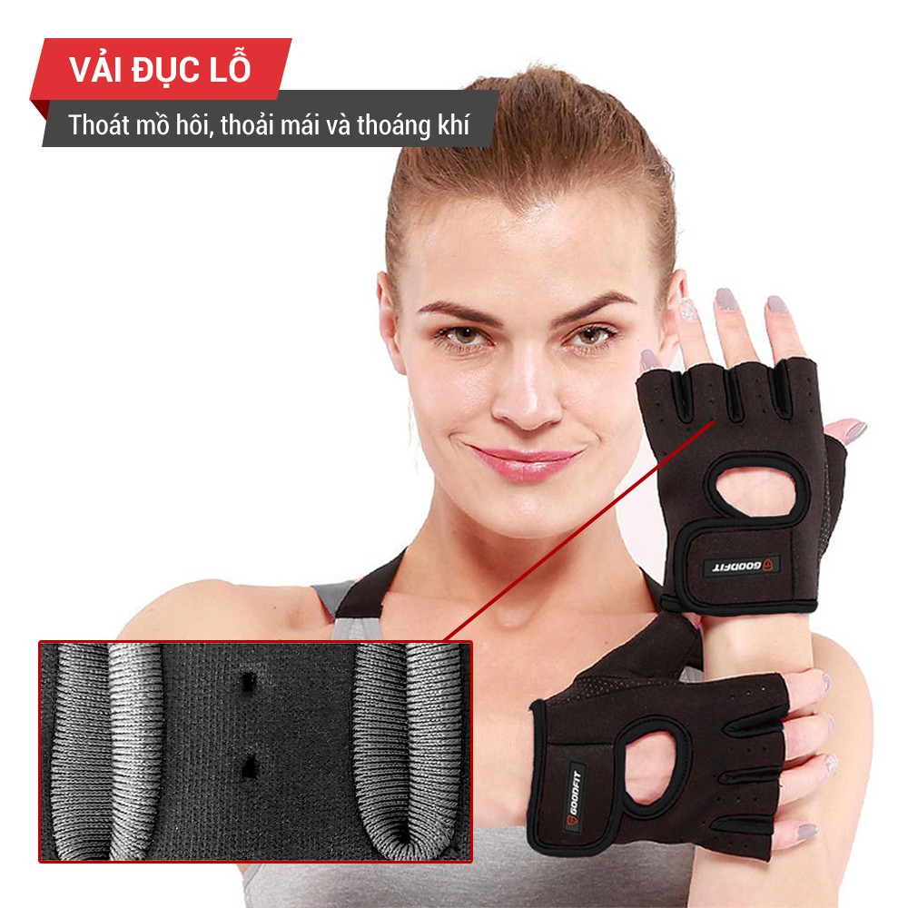 Găng tay hở ngón, bao tay tập gym GoodFit GF202G đệm silicone chống trượt, vải đục lỗ thoáng khí