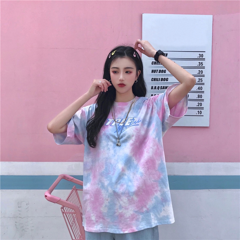 GC12 Áo Thun Thời Trang Mùa Hè Nữ Tay Ngắn Hàn Quốc Cec Rời Hoang Dã Cà Vạt-Dye Áo Nhiều Màu Cổ Tròn Oversize Tee
