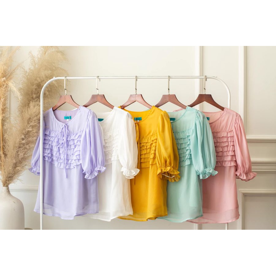 [Mã BMLT35 giảm đến 35K đơn 99K] Áo Nhún Bèo Ngực Tay Phồng The Kat House, vải tơ ánh kim, nữ tính, dịu dàng, dễ thương