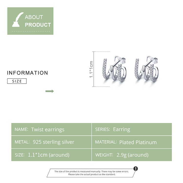 Bamoer Authentic 925 Sterling Sliver Twist Bông Tai Thời Trang CZ Phụ Kiện Nữ SCE585