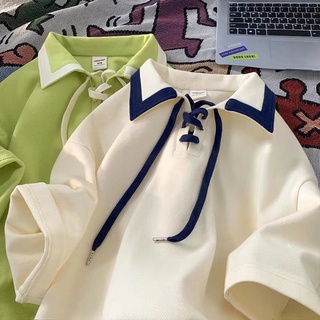 Áo thun ngắn tay cổ POLO phong cách Preppy Áo thun nam dáng rộng hợp thời trang Thiết kế phong cách Hồng Kông Áo sơ mi Polo tay ngắn có dây rút Ve áo hàng đầu
