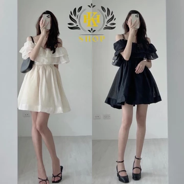 Váy babydoll trễ vai - Váy trễ vai công chúa xoè bồng chất voan đũi cát chuẩn đẹp HK Shop9720