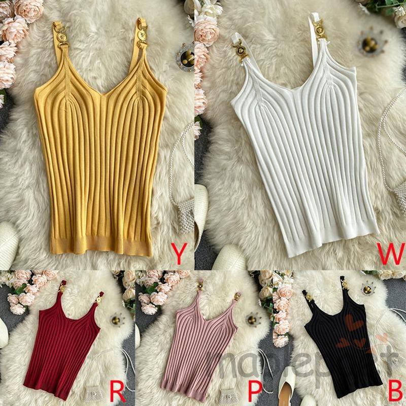 Áo Dệt Kim Hai Dây Cổ Chữ V Ôm Dáng Thoáng Khí Thiết Kế Dây Xích Kim Loại Thời Trang Cho Nữ
