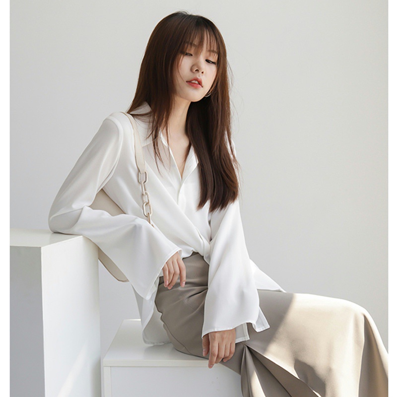 Thời Trang Nữ Áo Voan Chắc Chắn Nữ Dài Tay loe OL Văn Phòng Làm Việc Top Áo Sơ Mi