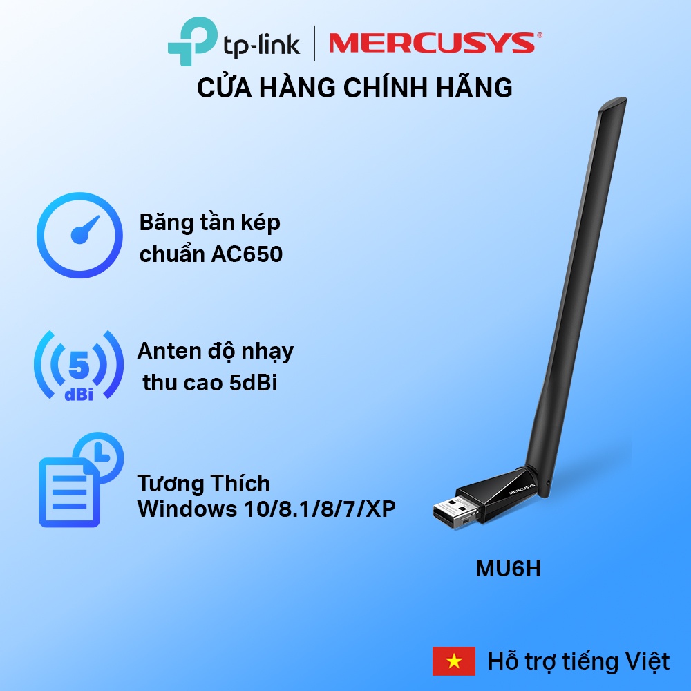 Bộ Chuyển Đổi USB Wifi Mercusys MU6H Băng Tần Kép Độ Lợi Cao AC 650Mbps