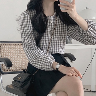 Áo Sơ Mi Nữ Dài Tay Cổ Tròn Sọc Caro Thời Trang Hàn Quốc