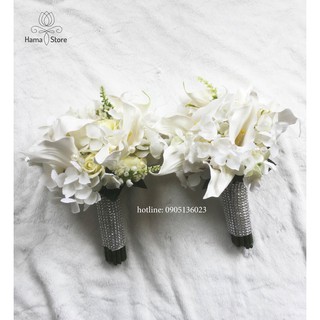 HOA CƯỚI CẦM TAY CÔ DÂU VỚI HOA RUM CALLA LILY THEO PHONG CÁCH HIỆN ĐẠI TẶNG KÈM CÀI ÁO CHÚ RỂ