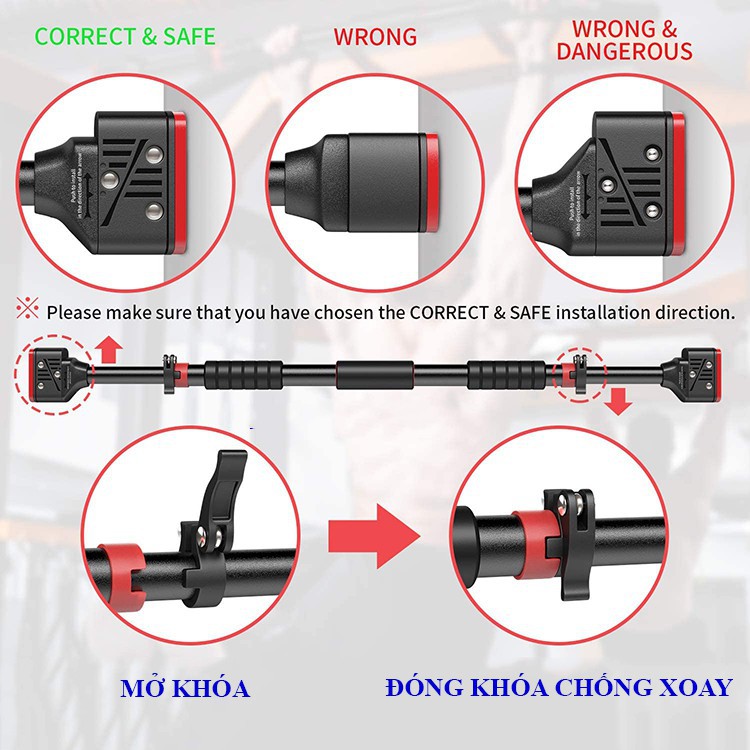 Ảnh Thanh Tập Xà Đơn Treo Tường Gắn Cửa Tùy ChỉnhTừ 62-150cm Có Chốt Chống Xoay, Xà Đơn Tập Gym Tăng Cơ Bắp Hãng Amalife 3