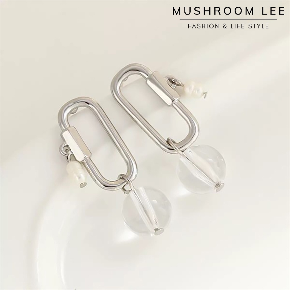 Bông Tai Mushroom Lee Móc Khoen Bi Trong Suốt Đính Hạt Trai