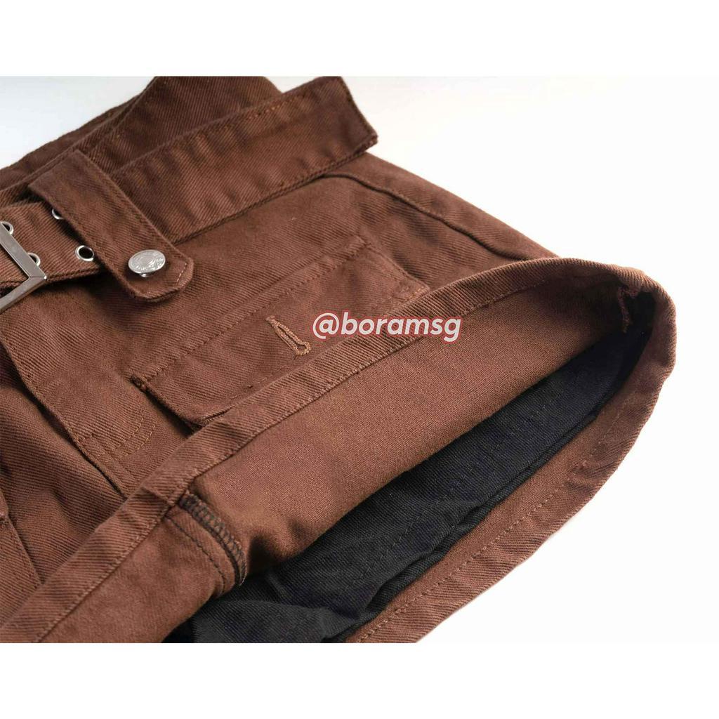 Chân váy túi hộp, chân váy chữ a ngắn kaki jean thắt lưng bản to và khuy cách điệu BORAM SG (có quần trong)