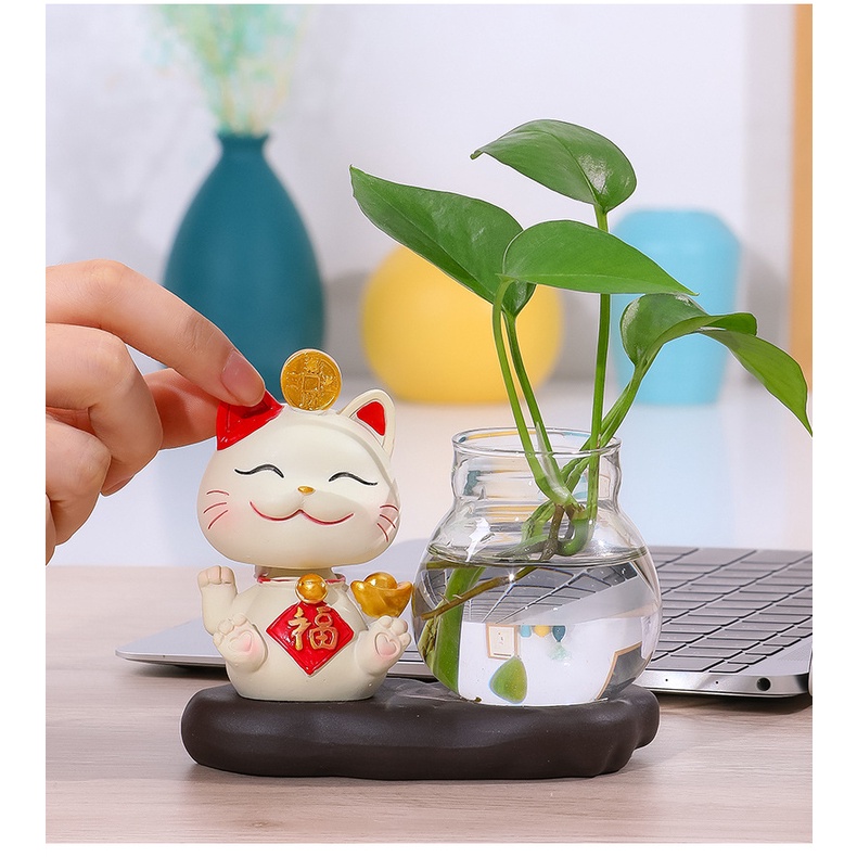 Bộ decor Mèo thần tài may mắn kết hợp cùng bình thủy sinh trang trí nhà, bàn làm việc góc học tập giúp mang lại may mắn