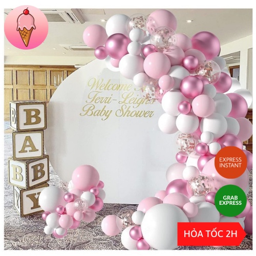 Set trang trí tiệc tông hồng ngọt ngào dễ thương (đầy đủ bóng và phụ kiện) trang trí sinh nhật - Kemshop K135