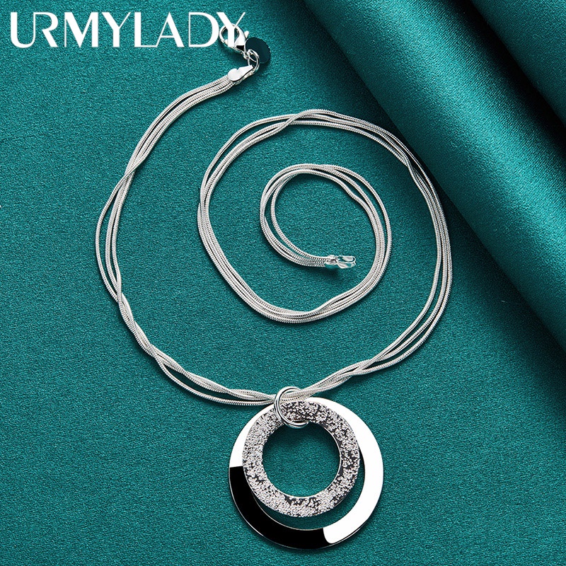 URMYLADY Bạc 925 Đôi Vòng Tròn Mặt Dây Chuyền 18 Inch Rắn Dây Chuyền Vòng Cổ Cho Nữ Cưới Thời Trang Dự Tiệc Trang Sức