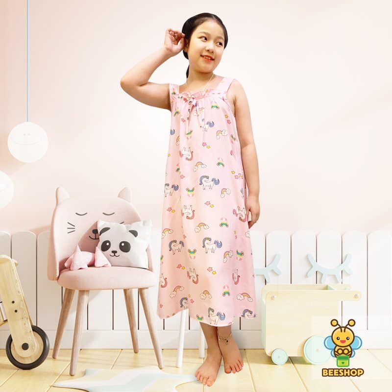 Váy cổ vuông cho bé gái Đầm lanh trẻ em thoáng mát full size Beeshop H21094