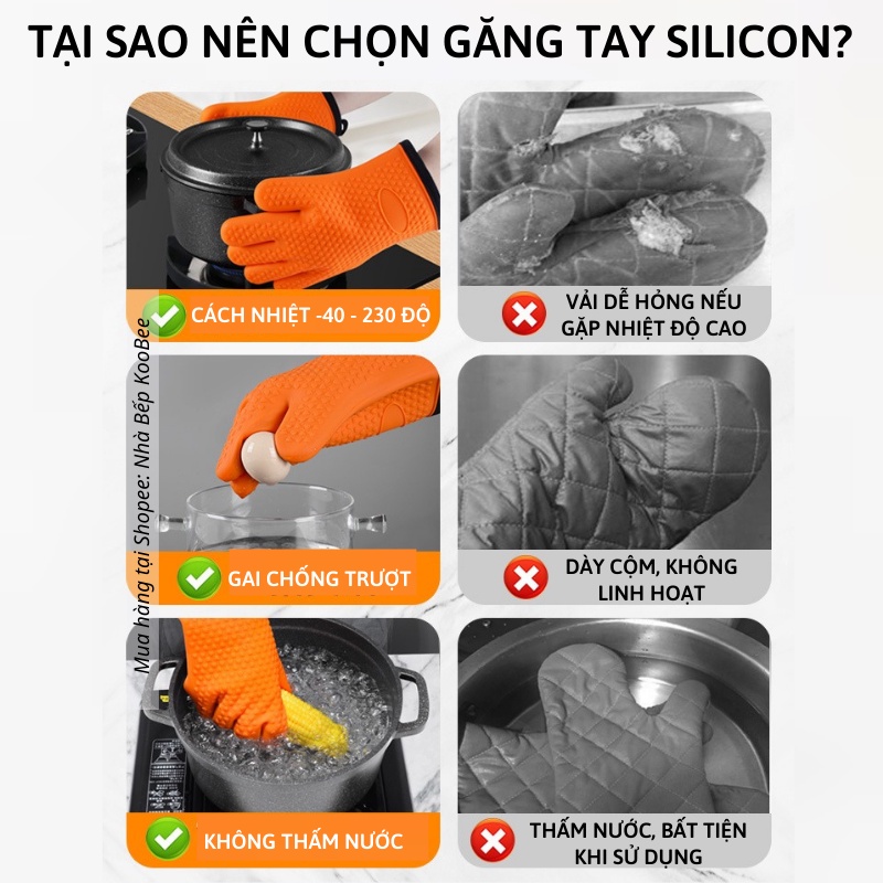 Găng Tay Cách Nhiệt Silicon Cao Cấp KOOBEE - Găng Tay Lò Nướng Làm Bếp Chống Nóng Chịu Nhiệt 230oC | 043