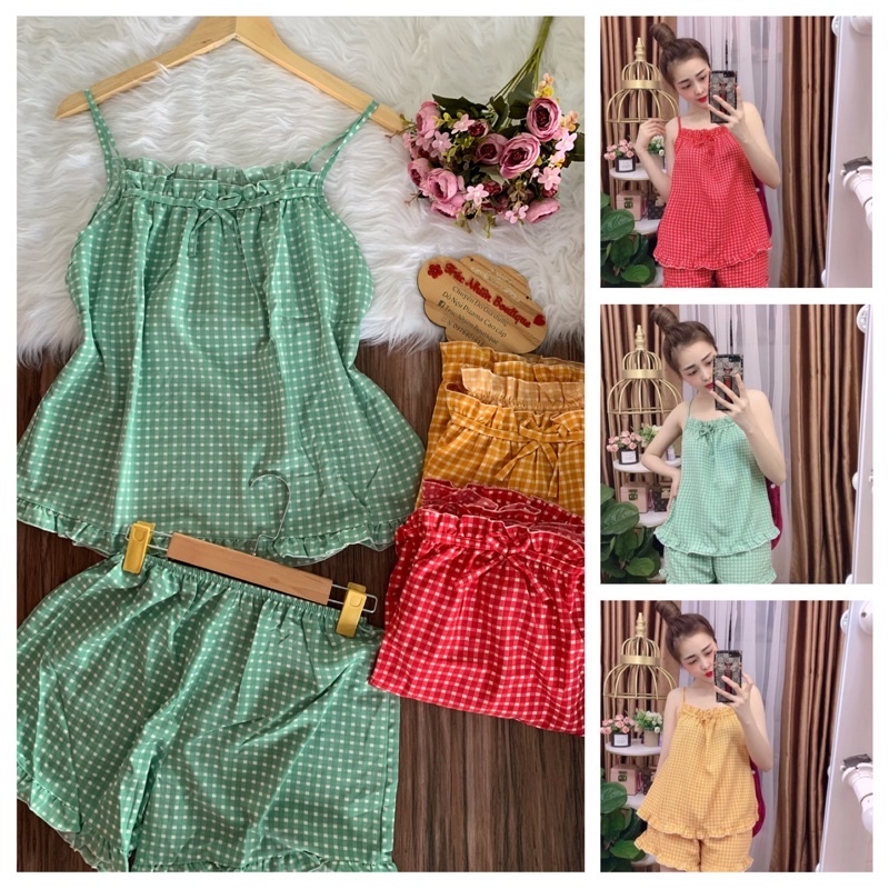 Đồ bộ sọc 2 dây viền bèo mặc nhà, đồ bộ mặc ngủ dễ thương (Kèm video+ ảnh thật)
