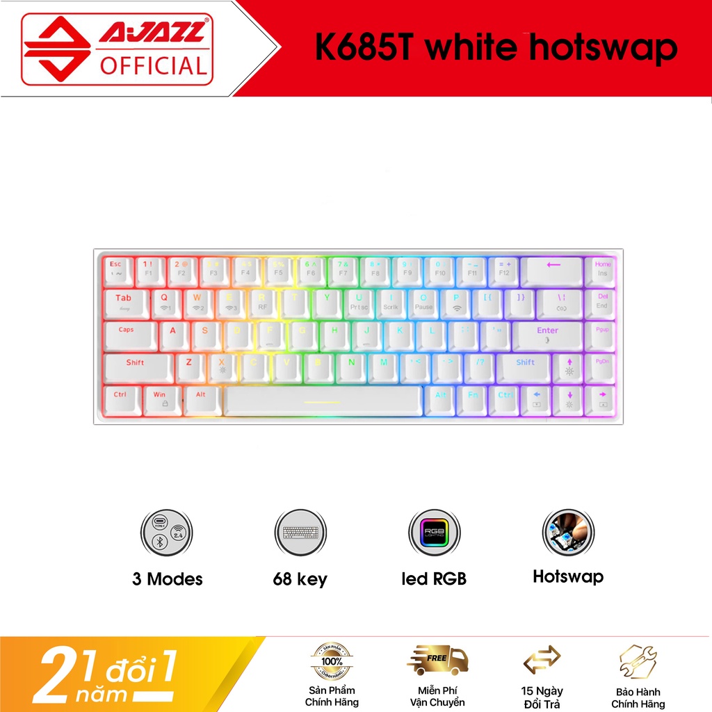 Bàn phím cơ AJAZZ K685T RGB Wireless Hotswap White – Hàng chính hãng
