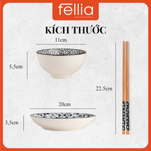 Ảnh Bộ chén bát đĩa Fellia kiểu Nhật (2 chén, 2 đĩa, 2 đũa) | Sứ cao cấp | Đóng hộp quà tặng 4