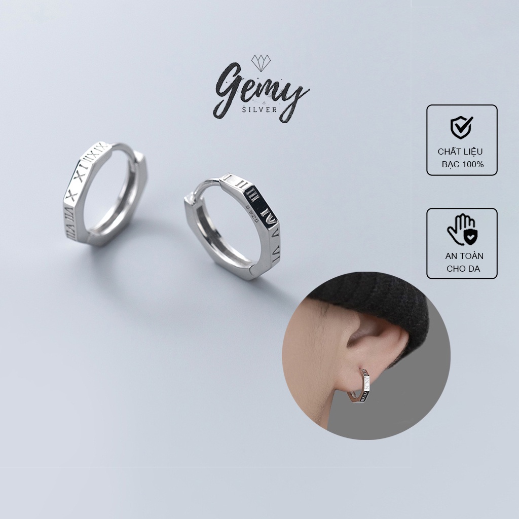 Khuyên tai nam bạc tròn khắc số la mã unisex Timeless (1 chiếc)| GEMY SILVER KN47