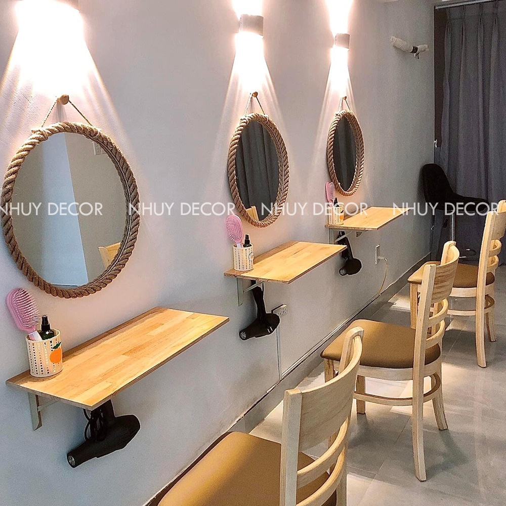 Gương tròn treo tường có viền dây thừng, khung gỗ, treo tường bằng dây thừng, bao bể vỡ, nhiều kích thước decor siêu đẹp