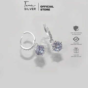 Khuyên tai bạc tròn đá bạc, Hoa tai Bạc nữ đá pha lê Tuna Silver _ ̂́ ̂̉ ̣ _ ̛́ ̣