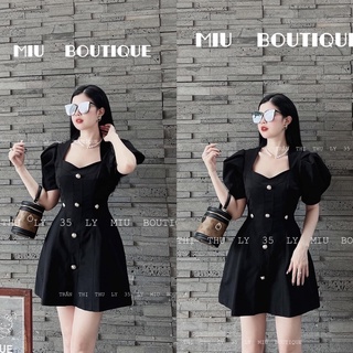 Váy Đen Cổ Vuông Tay Rúm Khuy Ngọc Sang Chảnh