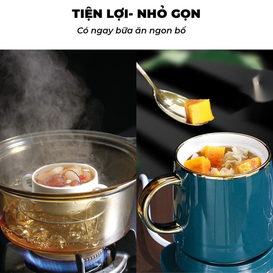 Cốc Chưng Yến Venko VK-CH568 500ml 600ml 800ml Thố Chưng Yến Cốc Hầm Điện Đa Năng Bằng Sứ Màu Xanh Đế Điện Tiếng Việt