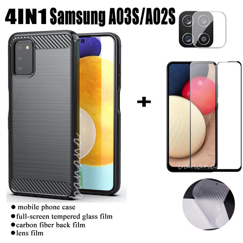 (4 trong 1) Ốp Điện Thoại Cho Samsung Galaxy A03S A02S A12 A13 A03 Ốp Lưng Kính Cường Lực Vỏ Mềm Bằng Sợi carbon
