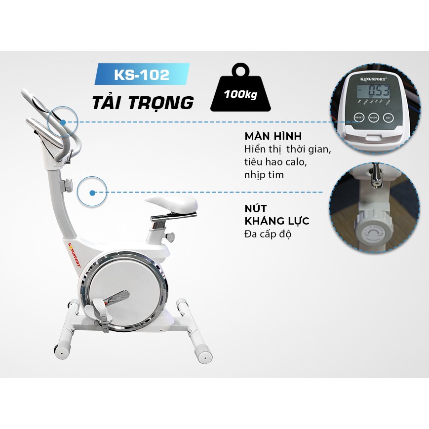 Xe đạp tập KINGSPORT KS-102 thiết kế hiện đại, kháng lực đa cấp độ, đồng hồ thông minh