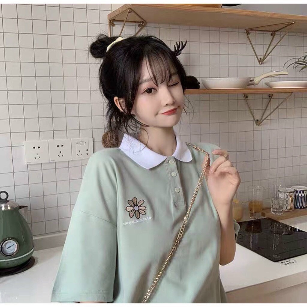 Áo polo nữ tay lỡ dáng rộng màu trắng xanh - polo hoa