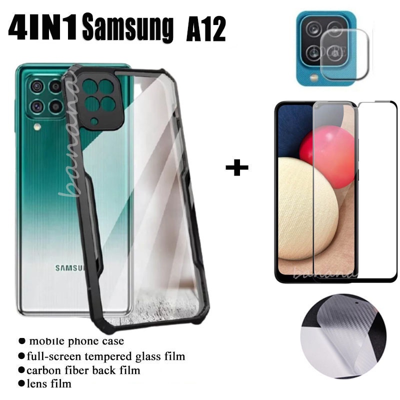 Ốp điện thoại chống sốc Samsung Galaxy M21 / M03S A03S A12 A02S A21 A21S + màng kính cường lực + Phim mặt sau bằng sợi Carbon + Phim ống kính máy ảnh